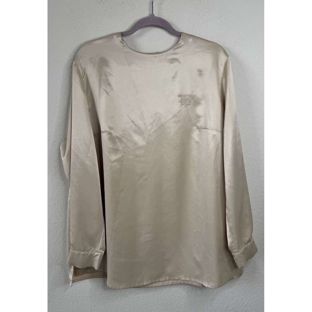 Vtg Givenchy Satin Blouse Champagne Embroidered Logo Women's 18W Quiet Luxury - Picture 2 of 11